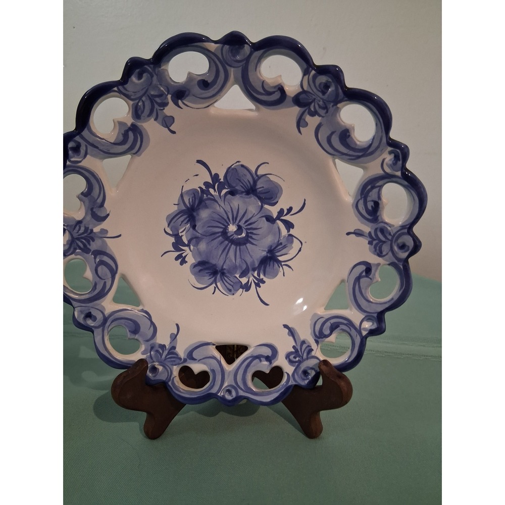 Vintage Portugal Hand Painted Blue White Floral Reticulated Pierced 9 Inch Plate